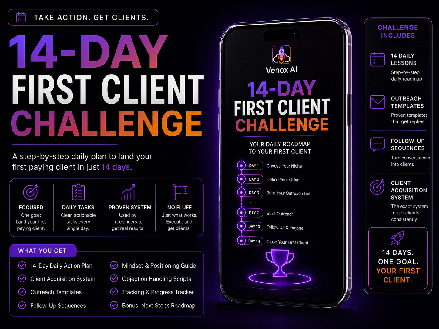 14-Day First Client Challenge with daily actions designed to help freelancers land their first client