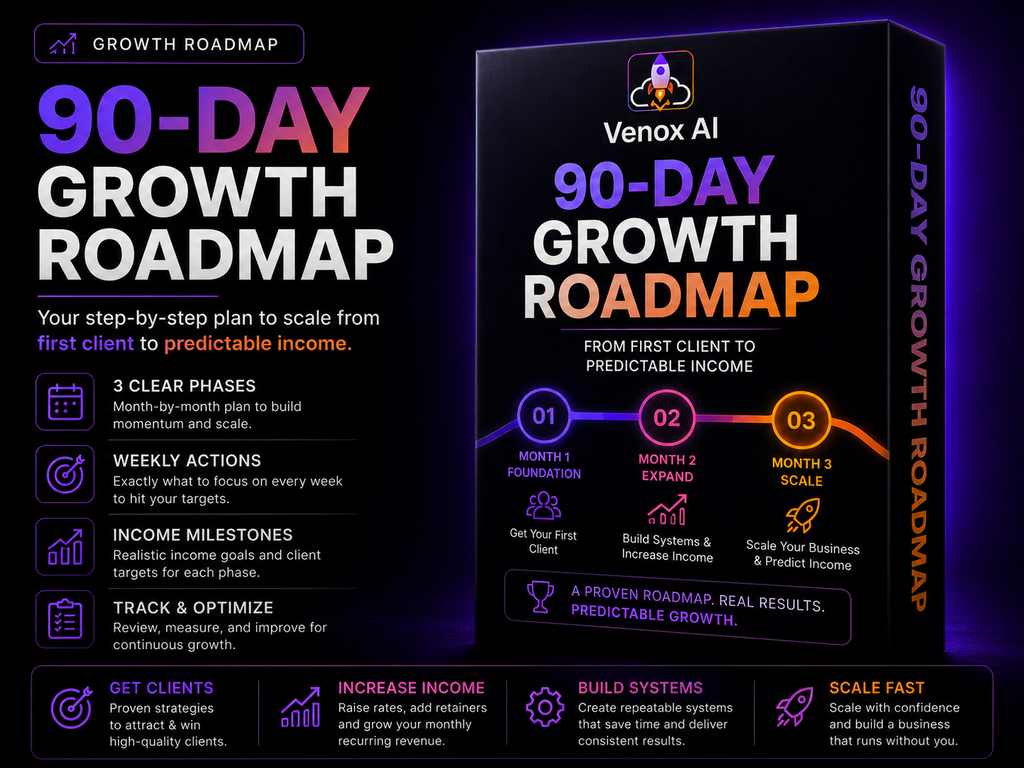 90-Day Growth Roadmap showing the step-by-step plan to build and scale a freelance business
