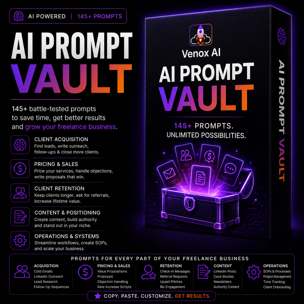 AI Prompt Vault containing 145 AI prompts for freelance client acquisition, pricing, delivery and business growth
