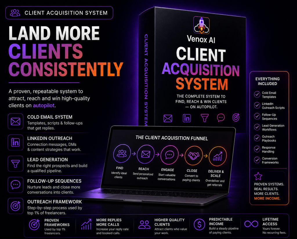 Client Acquisition System for freelancers featuring outreach strategies, lead generation and client acquisition frameworks
