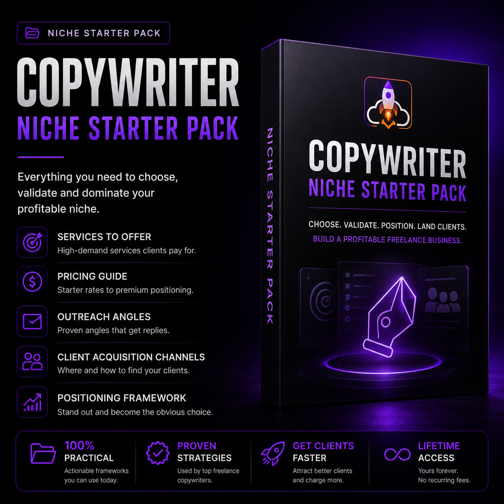 Copywriter Niche Starter Pack with services, pricing guidance, client acquisition channels and outreach framework
