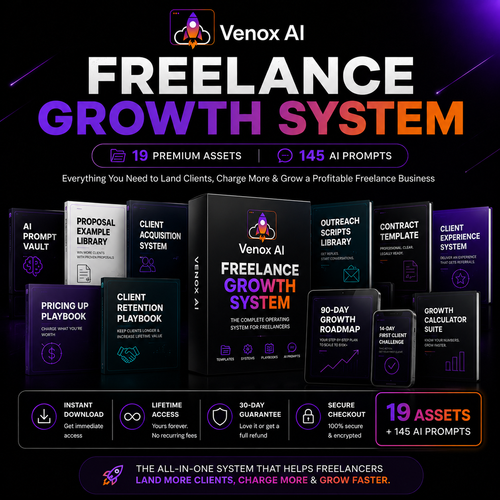 Venox AI Freelance Growth System with 19 premium freelancer assets and 145 AI prompts